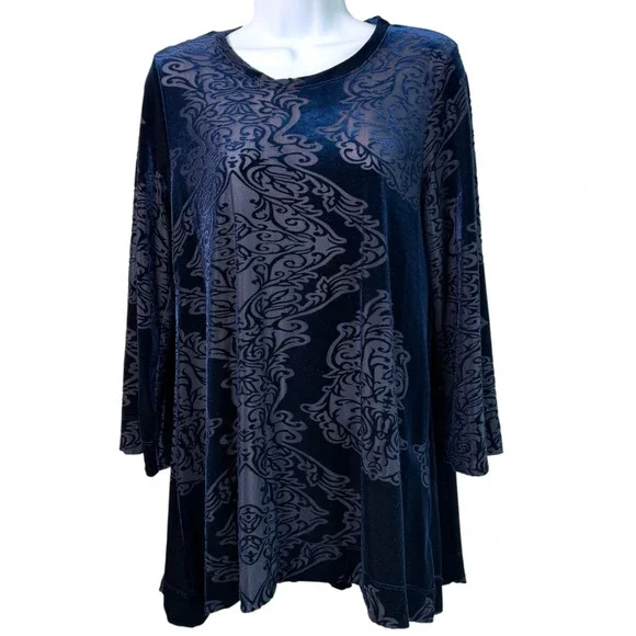 Nally and Millie Womens Velvet Burnout Tunic Top Sz M Sheer Boho Artsy Feminine - Picture 1 of 7